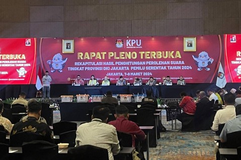 Rapat pleno terbuka rekapitulasi hasil perhitungan perolehan suara tingkat provinsi DKI Jakarta di Hotel Pullman, Jakarta Barat, Kamis (7/3/2024). Foto: Haya Syahira/kumparan