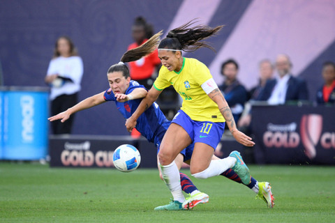 Timnas Wanita Brasil saat melawan Amerika Serikat pada pertandingan pertandingan final CONCACAF Women's Gold Cup 2024 di Stadion Snapdragon, San Diego, California, Amerika Serikat, Minggu (10/3/2024). Foto: USA TODAY Sports/via REUTERS
