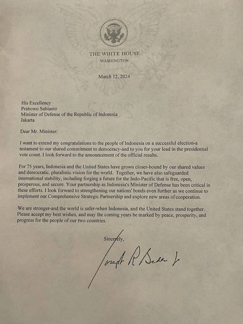 Surat ucapan selamat dari Presiden Amerika Serikat Joe Biden untuk Prabowo Subianto. Foto: Instagram/@prabowo