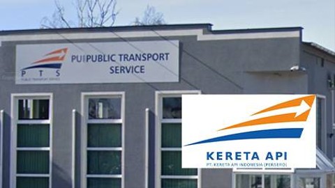 Kolase kantor perusahaan perawatan dan pemeliharaan sarana perkeretaapian asal Polandia, Public Transport Service Sp. z o.o. (PTS) dan logo PT KAI lawas.   Foto: Google Street View dan Istimewa