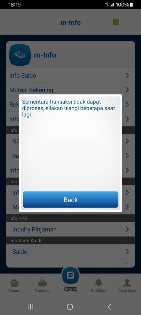 Tangkapan layar aplikasi BCA Mobile error. Foto: kumparan