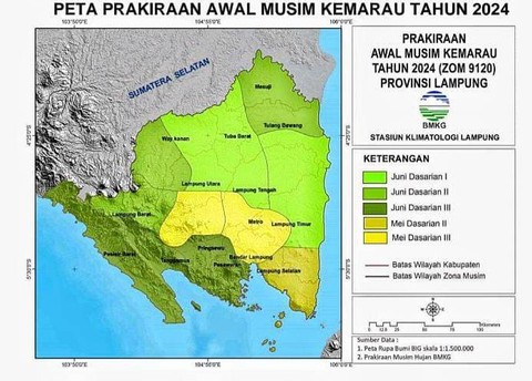 Peta Prakiraan Awal Musim Kemarau Tahun 2024. | Foto : BMKG Lampung
