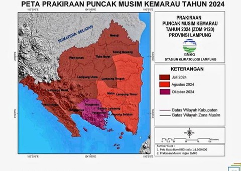 Peta Prakiraan Puncak Musim Kemarau Tahun 2024 di Provinsi Lampung. | Foto : BMKG Lampung