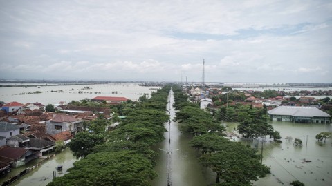 Foto udara banjir yang merendam permukiman warga di Karanganyar, Demak, Jawa Tengah, Kamis (21/3/2024).  Foto: Dicky Adam Sidiq/kumparan