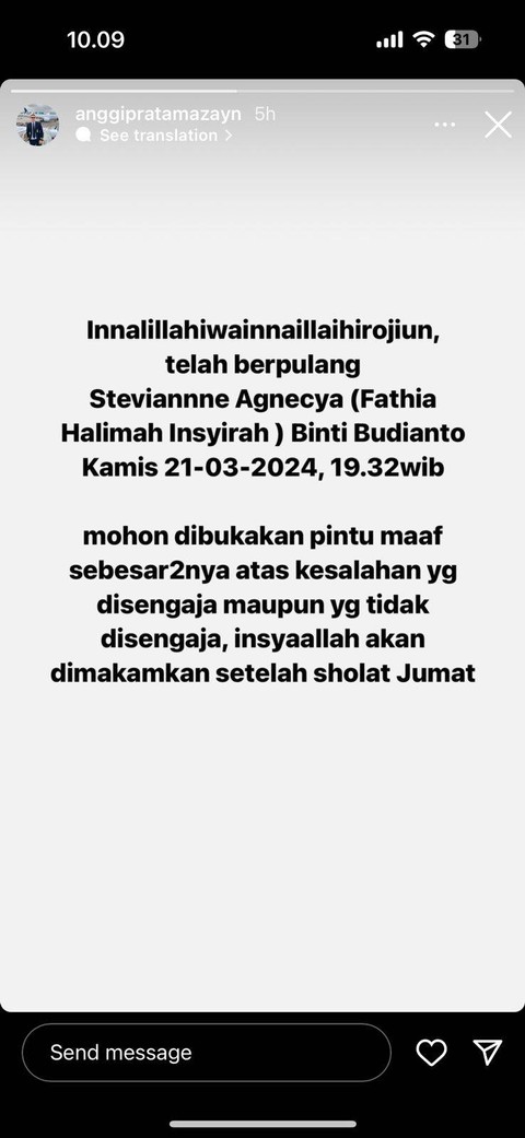Unggahan suami Stevie Agnecya. Foto: Instagram @anggipratamazayn