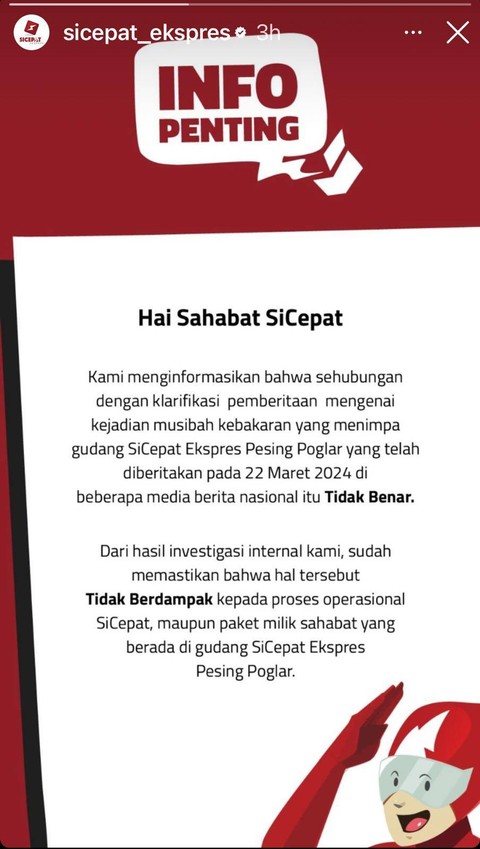 klarifikasi Sicepat soal kebakaran gudang. Foto: SiCepat