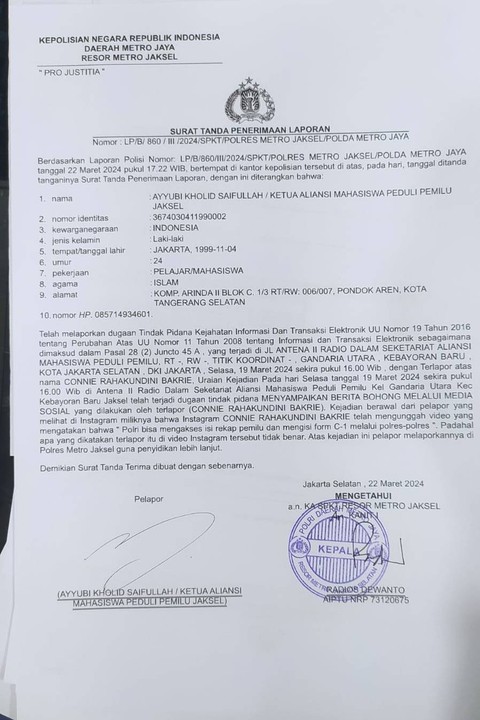 Laporan polisi terhadap Connie Rakahundini Bakrie. Foto: Dok. Istimewa