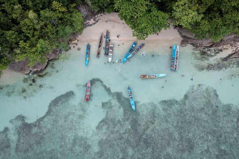 Foto udara sejumlah warga menggunakan perahu mesin memanen sumer daya laut saat Tradisi Buka Sasi di Perairan Misool, Distrik Misool Barat, Kabupaten Raja Ampat, Papua Barat Daya, Senin (25/3/2024). Foto: Bayu Pratama S/ANTARA FOTO
