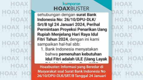 Hoaxbuster informasi yang beredar di masyarakat soal Surat Bank Indonesia no 26/10/DPU-DLK/SRT/B tanggal 24 Januari 2024 Foto: kumparan