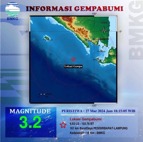 Gempa Bumi 3.2 Magnitudo di Pesisir Barat, Rabu (27/3/2024) | Foto: BMKG