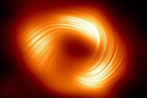Para peneliti yang berkolaborasi dalam Event Horizon Telescope (EHT) berhasil menangkap gambar baru medan magnet spiral di sekitar black hole Sagitarius A* di galaksi Bima Sakti. Foto: EHT Collaboration