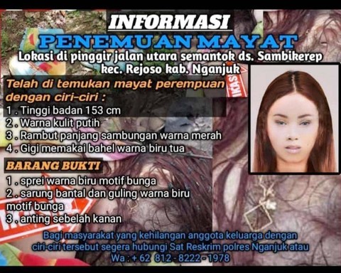 Polres Nganjuk menyebar sketsa wajah mayat wanita yang ditemukan di kawasan hutan petak 117 RPH Tamanan, BPKPH Tamanan, Nganjuk, Kamis (28/3/2024). Foto: Dok. Polres Nganjuk