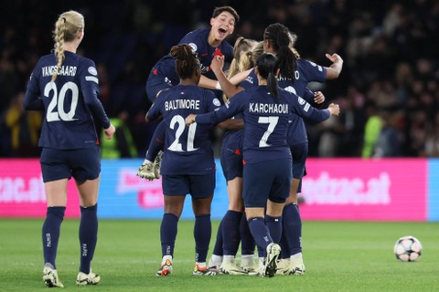 Paris Saint-Germain (PSG) menang 3-0 atas Hacken di leg kedua perempat final Liga Champions Wanita 2023/24. Foto: ALAIN JOCARD / AFP