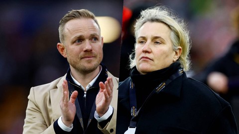 Manajer Arsenal Jonas Eidevall dan manajer Chelsea Emma Hayes pada Final Piala Liga Wanita FA Arsenal vs Chelsea di Stadion Molineux, Wolverhampton, Inggris, Minggu (31/3/2024). Foto: Action Images via Reuters/Peter Cziborra
