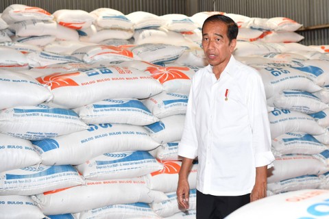 Presiden Jokowi tinjau stok beras di Gudang Bulog Pematang Kandis, Rabu (3/4/2024). Foto: Rusman/Biro Pers Sekretariat Presiden