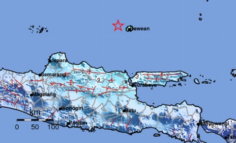 Gempa 5,6 magnitudo di Bawean, Gresik, Jatim, Rabu (3/4/2024). Foto: Dok. BMKG