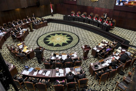 Suasana sidang lanjutan sengketa hasil Pilpres 2024 di Mahkamah Konstitusi, Jakarta, Kamis (4/4/2024). Foto: ANTARA FOTO/Hafidz Mubarak A