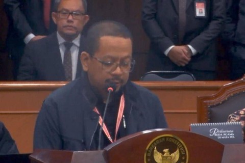 Ahli pihak terkait, Muhammad Qodari di sidang perkara Perselisihan Hasil Pemilihan Umum di Gedung MK, Jakarta, Kamis (4/4/2024) Foto: Dok Screenshoot Youtube Mahkamah Konstitusi