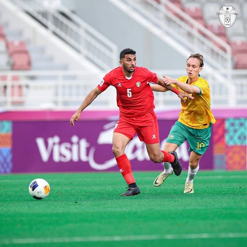 Timnas Australia U-23 vs Yordania U-23 dalam matchday perdana Grup A Piala Asia U-23 2024 di Stadion Abdullah bin Khalifa, Doha, Qatar, pada Senin (15/4). Foto: Twitter @JordanFA