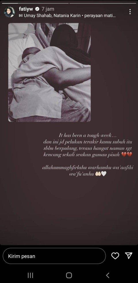 Istri kenang pelukan terakhirnya dengan Babe Cabita. Foto: Instagram @fatiyw