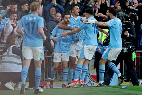 Selebrasi pemain Manchester City usai mencetak gol. Foto: Paul Childs/REUTERS