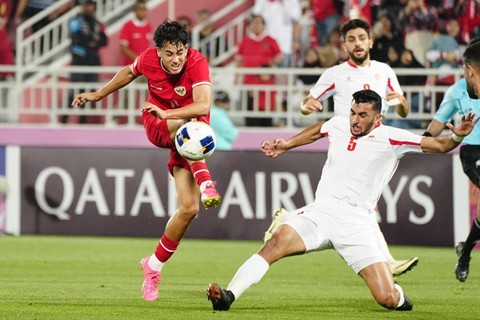 Rafael Struick saat laga Timnas U-23 Indonesia vs Yordania U-23 dalam matchday ketiga Grup A Piala Asia U-23 2024 di Abdullah bin Khalifa Stadium, Doha, Qatar, pada Minggu (21/4/2024) malam WIB. Foto: Dok PSSI