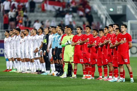 Jelang kick-off laga Timnas U-23 Indonesia vs Yordania U-23 dalam matchday ketiga Grup A Piala Asia U-23 2024 di Abdullah bin Khalifa Stadium, Doha, Qatar, pada Minggu (21/4/2024) malam WIB. Foto: AFP/Karim Jaafar