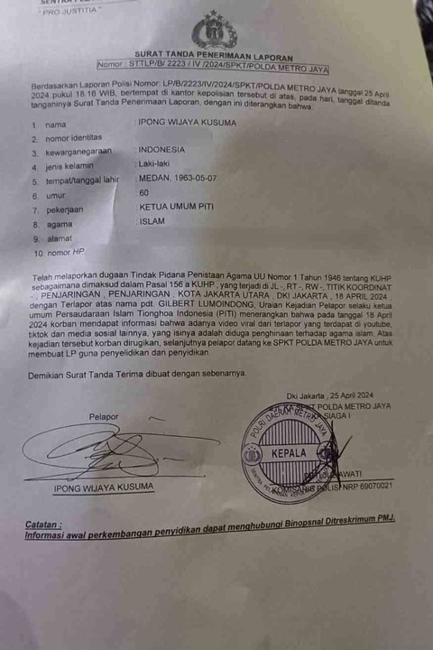 Laporan polisi terhadap pendeta Gilbert Lumoindong soal dugaan penistaan agama di Polda Metro Jaya.  Foto: Dok. Istimewa