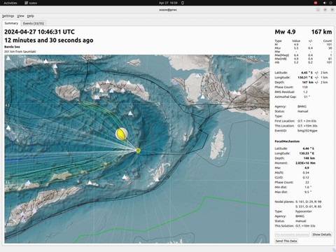 Gempa 4,9 magnitudo di Laut Banda, Sabtu (27/4/2024).  Foto: Dok. BMKG