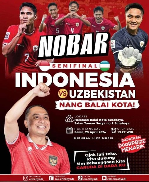 Pemkot Surabaya Gelar Nobar Timnas Indonesia Vs Uzbekistan di Balai Kota
