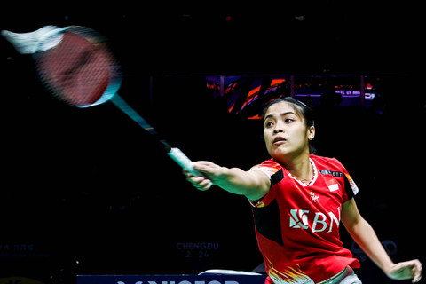 Pebulu tangkis tunggal putri Indonesia Gregoria Mariska Tunjung saat melawan pebulu tangkis Korea Selatan Sim Yu Jin dalam semifinal Piala Uber 2024 di Chengdu Hi Tech Zone Sports Center Gymnasium, Chengdu, China, Sabtu (4/5/2024). Foto: Galih Pradipta/ANTARA FOTO