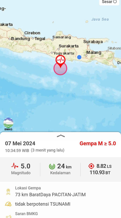 Gempa M5,0 Guncang Pacitan Terasa Hingga Yogyakarta, Ini Penyebabnya