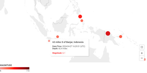 Peta gempa berkekuatan lebih dari 6 magnitudo di Indonesia sepanjang tahun 2024.  Foto: Dok. US Geological Survey