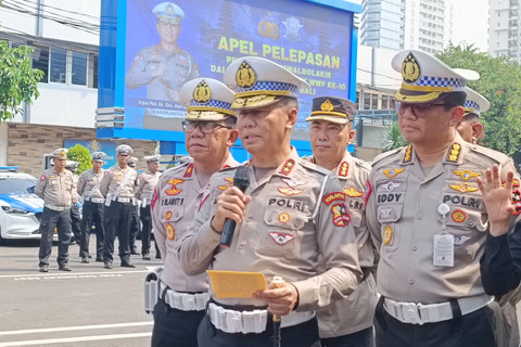 Kakorlantas Irjen Pol Aan Suhanan pimpinan apel persiapan pengawalan dan pengamanan WWF Bali, di kantor Korlantas, Kamis (10/5/2024). Foto: Hedi/kumparan