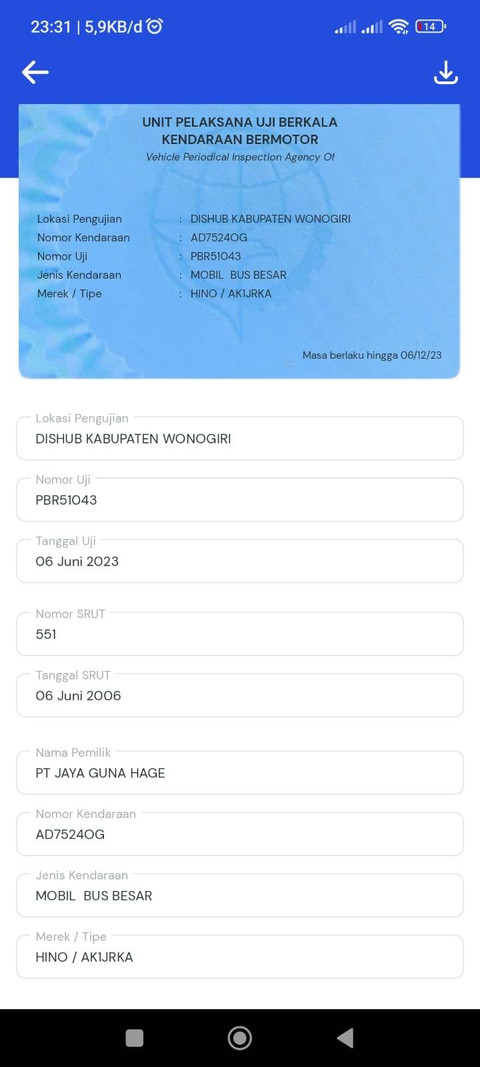 Izin dan uji kelayakan bus pariwisata Trans Putera Fajar yang kecelakaan di Subang kedaluwarsa. Foto: Dok. Istimewa