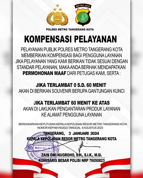 Kompensasi pelayanan Polres Metro Tangerang Kota. Foto: Instagram/@polresmetrotangerangkota