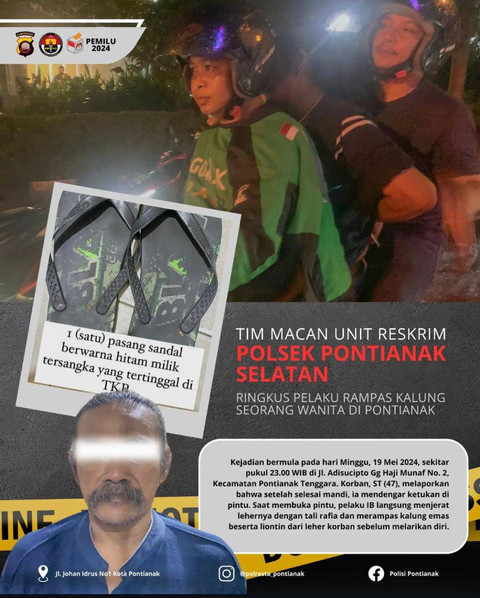 Polisi tangkap pelaku perampokan di Pontianak. Pelaku tertangkap setelah tak sengaja meninggalkan sandalnya di TKP. Foto: Dok. Instagram @polrestapontianak