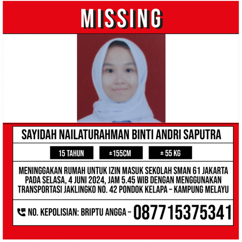 Sayidah Nailaturahman siswa SMAN 61 Jakarta yang hilang sejak (4/6/2024). Foto: Dok. Istimewa