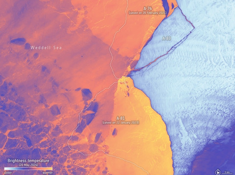 Gunung es raksasa A-83 yang pecah di Antartika.  Foto: ESA/USGS
