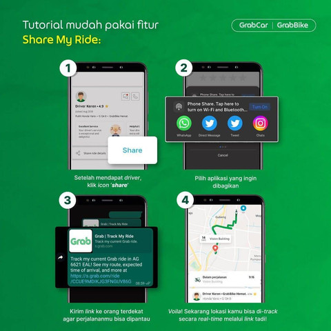 Fitur Bagikan Informasi Perjalanan di GrabCar dan GrabBike. Foto: Dok. Grab Indonesia
