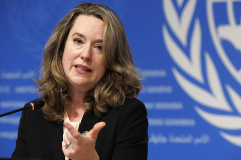 Direktur Jenderal Organisasi Internasional untuk Migrasi (IOM) Amy Pope berbicara saat konferensi pers di markas besar PBB Eropa di Jenewa, Swiss (2/10/2023). Foto: Salvatore Di Nolfi/Keystone via AP