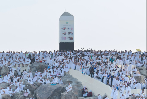 Jemaah haji 2024 berkumpul di Jabal Rahmah di Arafah untuk wukuf, Sabtu (15/6/2024). Foto: Haj Ministry KSA