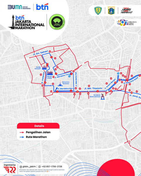 Penutupan jalan sementara saat Jakarta International Marathon 2024 pada Minggu (23/6) mulai pukul 02:00 WIB dini hari hingga pukul 12:00 WIB. Foto: Dok. BTN