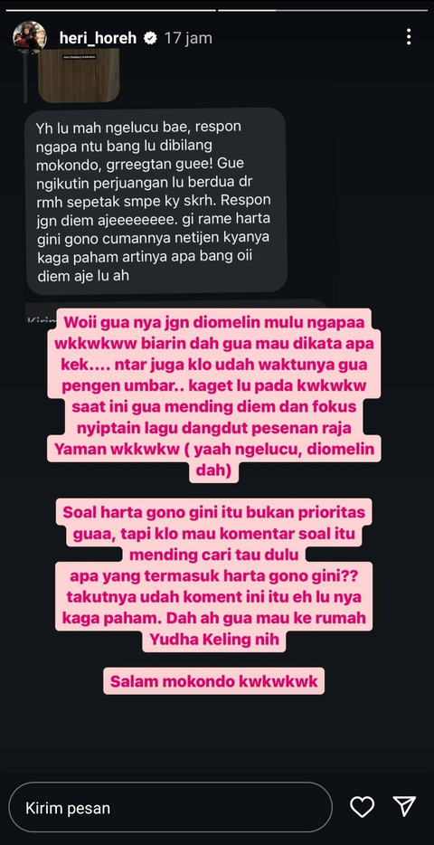 Respons Heri Horeh usai disebut bakal gugat harta gana gini Riyuka Bunga. Foto: Instagram @heri_horeh