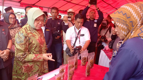 Mensos Tri Rismaharini memberikan gerobak ke sejumlah UMKM di Tasikmalaya, Rabu (3/7/2024). Foto: kumparan