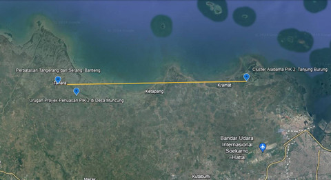 Bentang panjang proyek PSN PIK 2 yang diduga mencapai lebih dari 30 km.  Foto: Dok. Google Earth