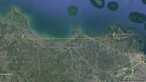 Perkiraan panjang proyek perluasan PIK 2.  Foto: Dok. Google Earth