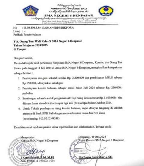 Surat edaran dari SMAN 6 Denpasar untuk siswa baru. Foto: Dok. Istimewa