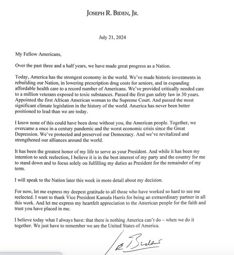 Pernyaan Joe Biden mundur sebagai kandidat capres diumumkan di Twitter, 21 Juli 2024.  Foto: X/@JoeBiden