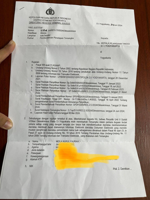 Surat penetapan tersangka pengacara YLBHI. Foto: Dok. YLBHI